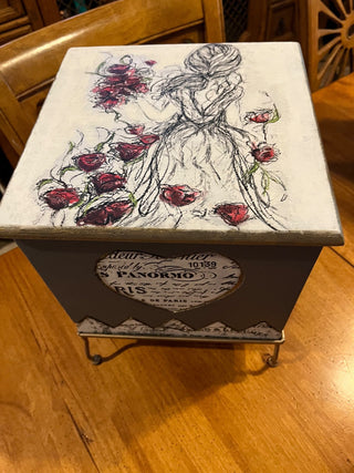 Custom Designed French Lady Large Wooden Storage Box with Hinged Lid and Metal Stand RSV