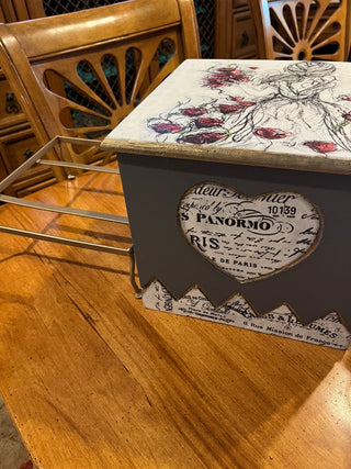 Custom Designed French Lady Large Wooden Storage Box with Hinged Lid and Metal Stand RSV