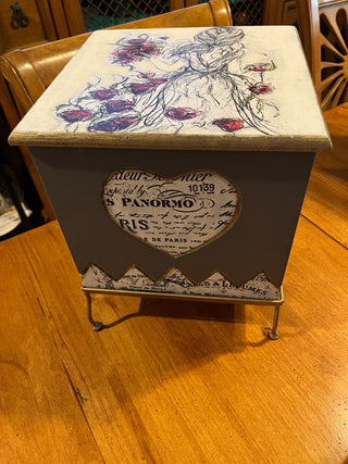 Custom Designed French Lady Large Wooden Storage Box with Hinged Lid and Metal Stand RSV