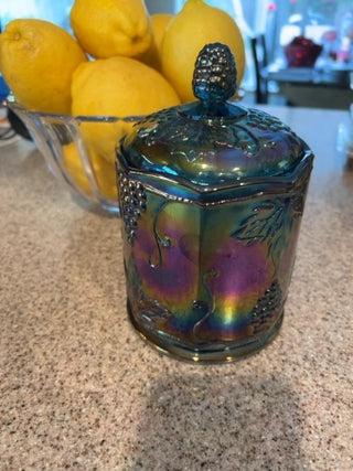 VTG Indiana Blue Glass iridescent carnival glass canister with lid