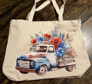 Red/White /Blue Floral Truck Medium Zippered Canvas Tote RSV|72457