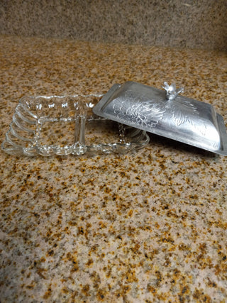 SZ Vtg glass divided dish w/Aluminum lid RCD|59852