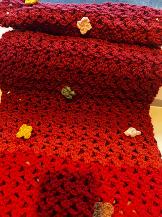 Hand Crochet Burned Orange XL Scarf w Flowers-RSV|118907