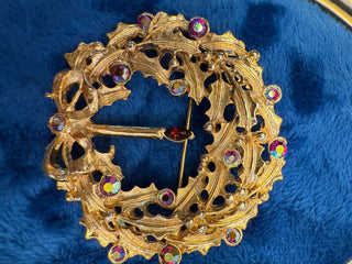 Vintage brooch pin Christmas wreath candle rhinestone|140263