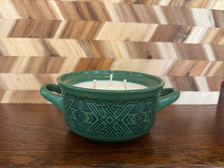 HANDMADE UPCYCLED CANDLE IN GREEN CROCK SCENT WASSAIL|107316