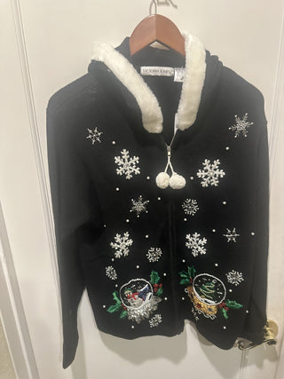 Victoria Jones Christmas holiday snowflakes and snow globe zip-up embroidery and sequin hooded cardigan sweater zip-up size Large #62 VV MTS|134308