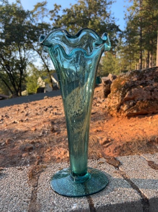 11.5” aqua blue trumpet glass vase