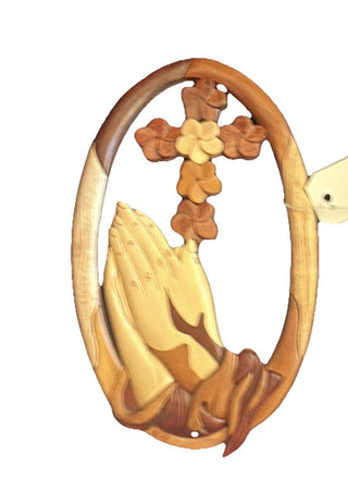Hawaiian Plumeria Flower Cross and Praying hands Wood Hanging Display Sign VV MTS
