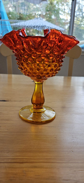 Fenton Amberina Hobnail Style Ruffled Pedestal Compote Candy Dish, RSV|106977