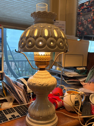 Vtg. Ceramic Moon & Star Pattern Hurricane Lamp 22"
