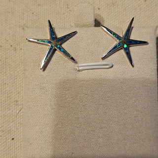.925 blue opal in l ay star fish post earrings