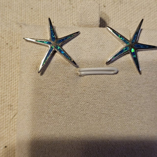 .925 blue opal in l ay star fish post earrings