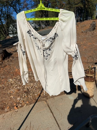 PIANO 100% Silk embroidered long-sleeve peasant blouse size XL
