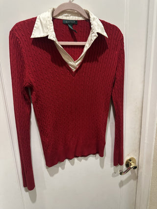 Ralph Lauren Large Red Cashmere Long sleeve, Silk V-Neck collared #63 VV MTS