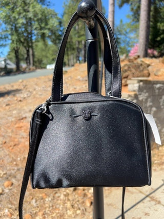 black satin Frankie & Johnnie handbag with rose emblem detail