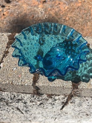 Vintage Blue LE Smith Glass Hobnail Three Footed Crimped Bowl