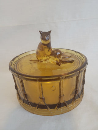 1920's Amber Glass Cat on Drum Covered Candy Dish RCD