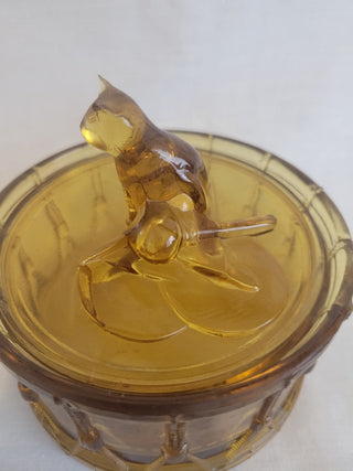 1920's Amber Glass Cat on Drum Covered Candy Dish RCD