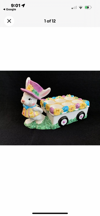#62 VV Vintage Figi Ceramic Easter Egg cup cart holder Display stand pulled by easter bunny|55237