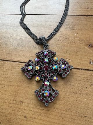 Red Aurora/Gunmetal Cross Necklace|51779