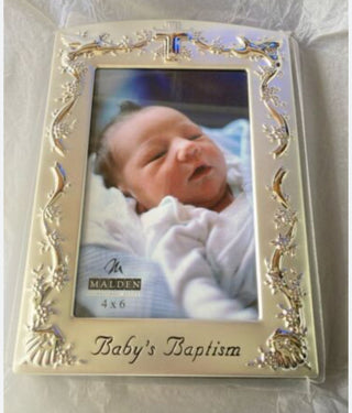 #62 VV New in box baby's Baptismal  Metal Glass frame 4X6 MTS