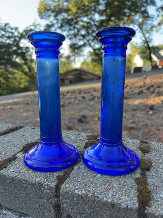 Pair of Cobalt Glass Candlesticks 7.5”