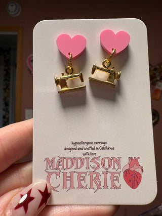 Brass Sewing Machine Charms on Pink Heart Post Earrings MTS|128778