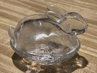 5" Clear Glass Bunny on Basket Trinket Dish--SP RCD