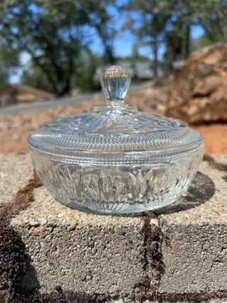 JP vintage Avon clear pressed glass lidded candy dish