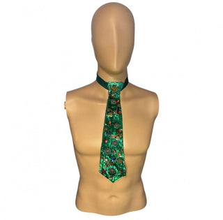 Vintage Silk Sequined Beaded Christmas Neck Tie Snowflakes Star Green VV MTS|95537