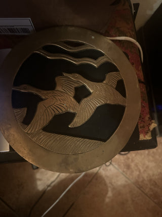 Vintage Mid Century Round Brass Trivet Flying Birds Geese Large Size 8.25 Diameter #47 VV MTS|115000