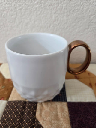 Starbucks 2013 Coffee Mug, textured white w/gold handle, RCD