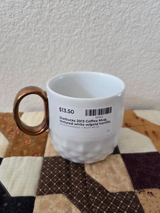 Starbucks 2013 Coffee Mug, textured white w/gold handle, RCD