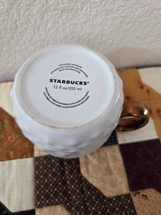 Starbucks 2013 Coffee Mug, textured white w/gold handle, RCD