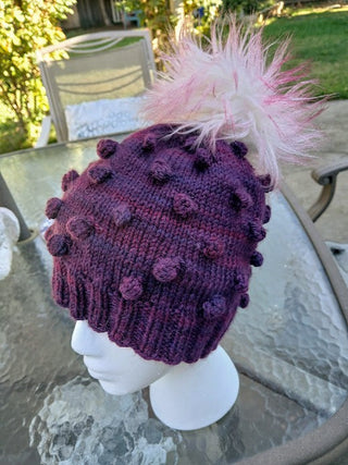 Beanie Plum Color, hand knit with bobbles and pom pom