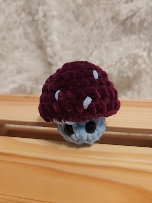 Mushroom Fidget Popper: Crocheted wine red/ light blue