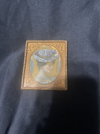 gilded gold picture, lady and purple flowers rsv