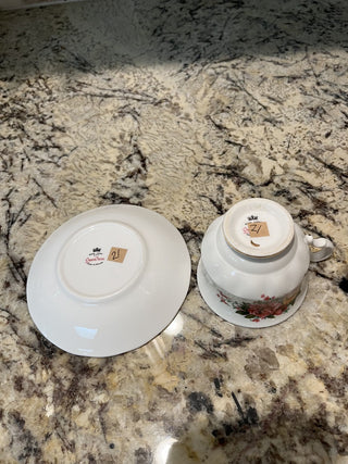 (21)Queen Anne Pink & Yellow Roses Tea Cup & Saucer RCD|72275