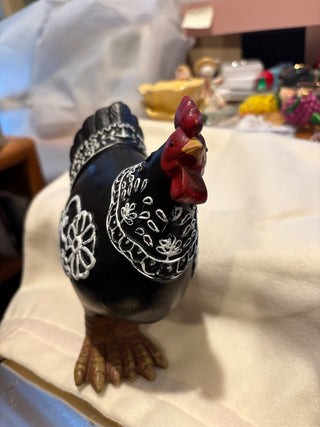 Black Resin Hen w/white floral pattern and red comb 8" tall