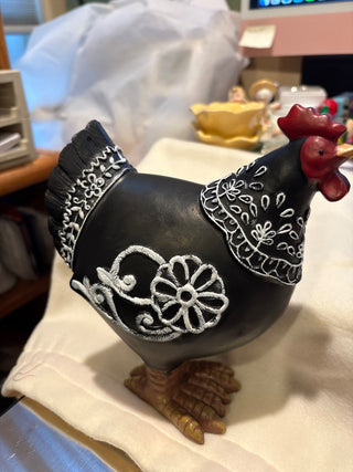Black Resin Hen w/white floral pattern and red comb 8" tall