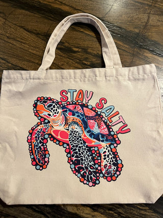 " Stay Salty" Turtle Large Zippered Canvas Tote RSV|84721