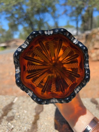 Vintage Tiara Indiana Glass Amber Zipper Ribbon Trumpet Vase Pedestal 10”