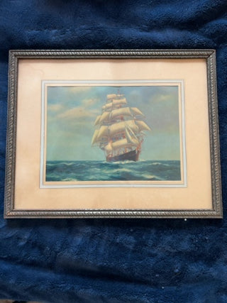 JP  Wood Frame 15” x 12” A. Nelke 1933 clipper ship