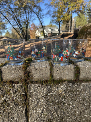 12F GCC JP Set of 4 Vintage Christmas Tree & Toys Rocks Tumbler Glass 1988 AHC MTS|134191