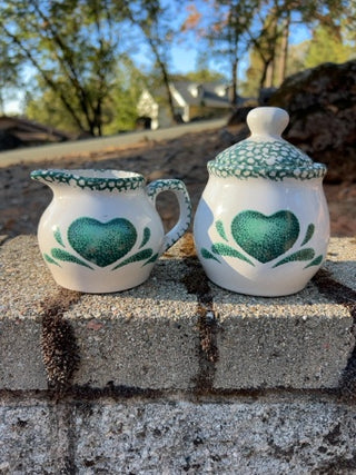 vintage Corelle Green Hearts spongeware ceramic creamer and sugar bowl set