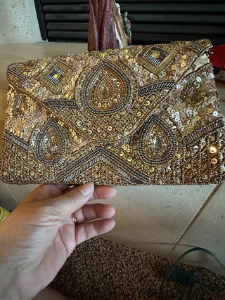 Gold/silver beaded Clutch by Stephanie Nicole, gold metallic strap 9.5" x 6" RCD|75970