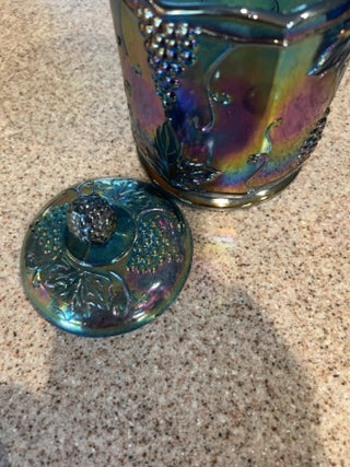 VTG Indiana Blue Glass iridescent carnival glass canister with lid