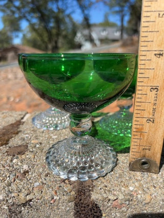 SET OF 3 Anchor Hocking Emerald Green Bubble Feet Champagne / Sherbet Glasses
