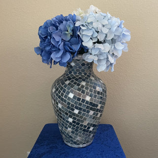 Blue mosaic vase w/ blue hydrangeas RSV