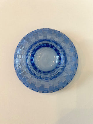 Fenton blue opalescent glass basket weave bowl|61317